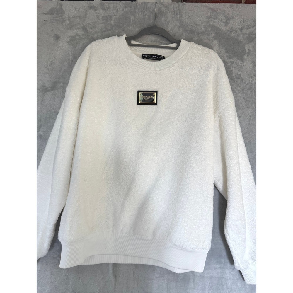 Dolce & Gabbana White Terry Cloth Logo Plaque Sweatshirt Medium Med MSRP $1095